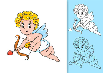 Set of vector illustrations isolated on white and colored background. Design element. Black stroke. Cartoon style.