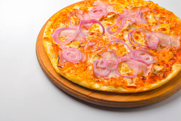Pizza Carbonara with meat and onions isolated on white. Delicious pizza meal. Italian cuisine.