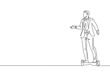 Fototapeta na wymiar Single continuous line drawing of young happy businessman riding hoverboard to go to the company. Eco friendly transportation. Urban lifestyle concept. Trendy one line draw design vector illustration