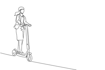 Fototapeta na wymiar One single line drawing of young energetic worker woman riding electric scooter to the office vector illustration. Future transport. Healthy lifestyle sport concept. Modern continuous line draw design