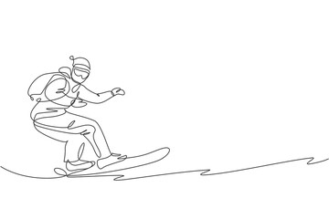 One continuous line drawing of young sporty man snowboarder riding snowboard in alps snowy powder mountain. Winter lifestyle sport concept. Dynamic single line draw design graphic vector illustration