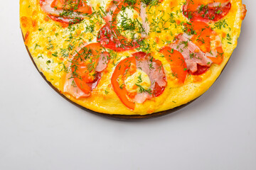 Pepperoni pizza on a white background. Traditional Italian pizza with tomatoes and meat isolated on white.