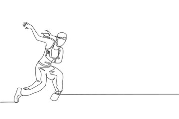 One continuous line drawing young sporty break dancer woman with hat show hip hop dance style in the street. Urban lifestyle sport concept. Dynamic single line draw design vector graphic illustration