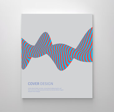 Abstract stripe wave with red and blue lines. Pattern with optical illusion. 3D geometrical background. Cover design template for placards, banners, book covers, brochures, planners or notebooks.