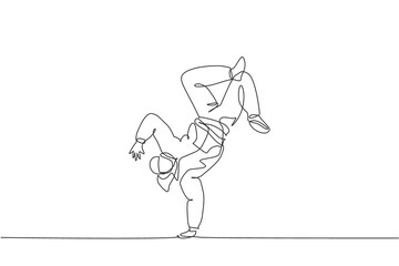 One single line drawing of young modern street dancer man with hoodie performing hip hop dance on the stage vector graphic illustration. Urban generation lifestyle concept. Continuous line draw design