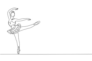 One single line drawing of young beauty dancer woman on tutu exercise classic ballet dance at ballet class graphic vector illustration. Choreographic move concept. Modern continuous line draw design