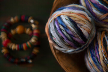 Multicolor yarn balls kept in a backet	
