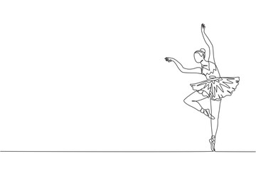 One single line drawing of young beauty dancer woman on tutu exercise classic ballet dance at ballet class vector graphic illustration. Choreographic move concept. Modern continuous line draw design © Simple Line