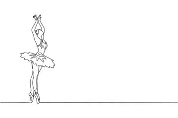 One continuous line drawing of young graceful woman ballet dancer perform beauty classic dance at stage of opera house. Ballet performance concept. Dynamic single line draw design vector illustration - obrazy, fototapety, plakaty
