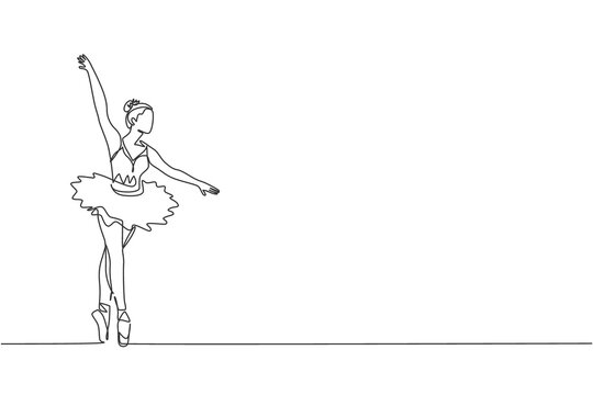 Single continuous line drawing of young graceful pretty ballerina demonstrated classic ballet choreography dancing skill. Opera dance concept. Trendy one line draw graphic design vector illustration