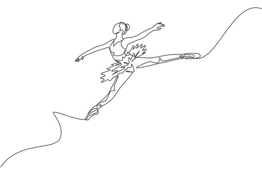 recommend clip art: One continuous line drawing of young graceful woman ballet dancer perform beauty classic dance at stage of opera house. Ballet performance concept. Dynamic single line draw design vector illustration