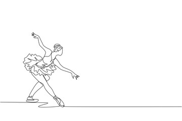 One single line drawing of young beauty dancer woman on tutu exercise classic ballet dance at ballet class graphic vector illustration. Choreographic move concept. Modern continuous line draw design © Simple Line
