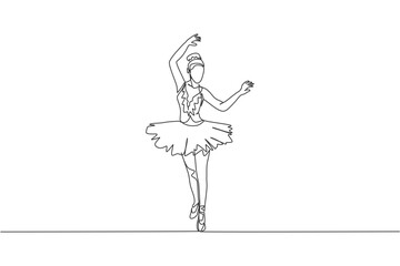 Single continuous line drawing of young graceful pretty ballerina demonstrated classic ballet choreography dancing skill. Opera dance concept. Trendy one line draw design vector illustration graphic © Simple Line