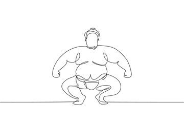 One continuous line drawing of young big Japanese rikishi man prepare to fight at festival tournament. Traditional sumo sport concept. Dynamic single line draw design vector graphic illustration