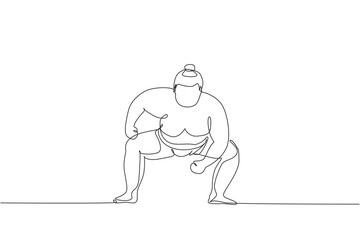 Fototapeta na wymiar Single continuous line drawing of young big fat Japanese sumo man training at arena gym center. Traditional festival martial art concept. Trendy one line draw design vector illustration graphic