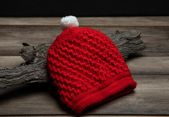 Fototapeta na wymiar Red color knitted cap kept on a tree bark 