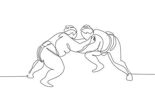 Single continuous line drawing two young big fat Japanese sumo men training fight at arena gym center. Traditional festival martial art concept. Trendy one line draw design vector illustration graphic