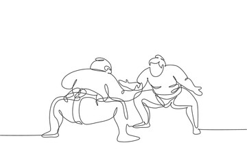Fototapeta na wymiar Single continuous line drawing two young big fat Japanese sumo men training fight at arena gym center. Traditional festival martial art concept. Trendy one line draw design graphic vector illustration