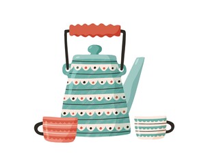 Cute ceramic teapot with cups. Painted kettle isolated on white background. Kitchen crockery. Tea party concept. Hand drawn flat vector illustration