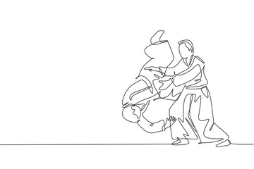 One single line drawing of two young energetic men wearing kimono exercise aikido slam technique in sports hall vector illustration. Healthy lifestyle sport concept. Modern continuous line draw design - obrazy, fototapety, plakaty