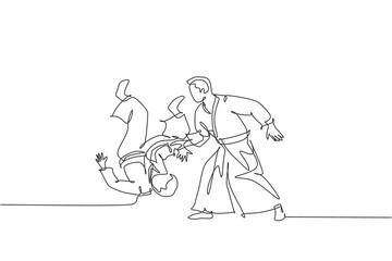One continuous line drawing of young man aikido fighter practice fighting technique at dojo training center. Martial art combative sport concept. Dynamic single line draw design vector illustration