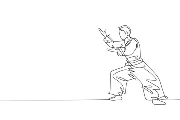 Single continuous line drawing young sportive man wearing kimono practice aikido fighting stance pose technique. Japanese martial art concept. Trendy one line draw design vector illustration graphic