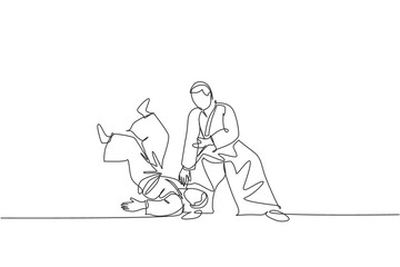 Single continuous line drawing of two young sportive men wearing kimono practice throwing in aikido fighting technique. Japanese martial art concept. Trendy one line draw design vector illustration