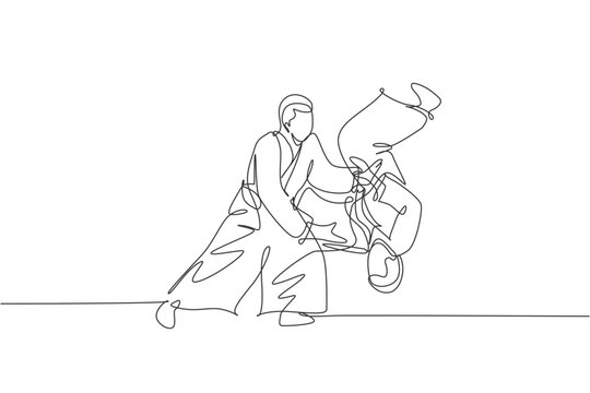 Single continuous line drawing of young sportive man wearing kimono practice throwing enemy in aikido fighting technique. Japanese martial art concept. Trendy one line draw design vector illustration