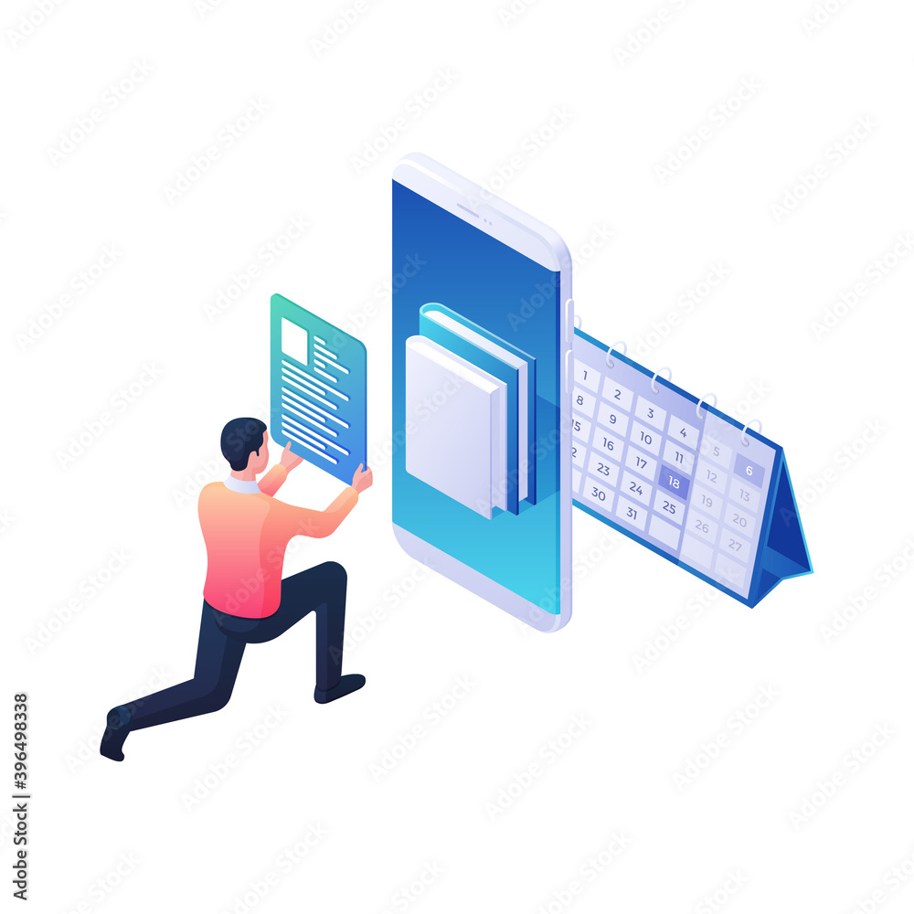 Poster programmer developing web library for mobile app isometric vector. male character adjusts descriptio