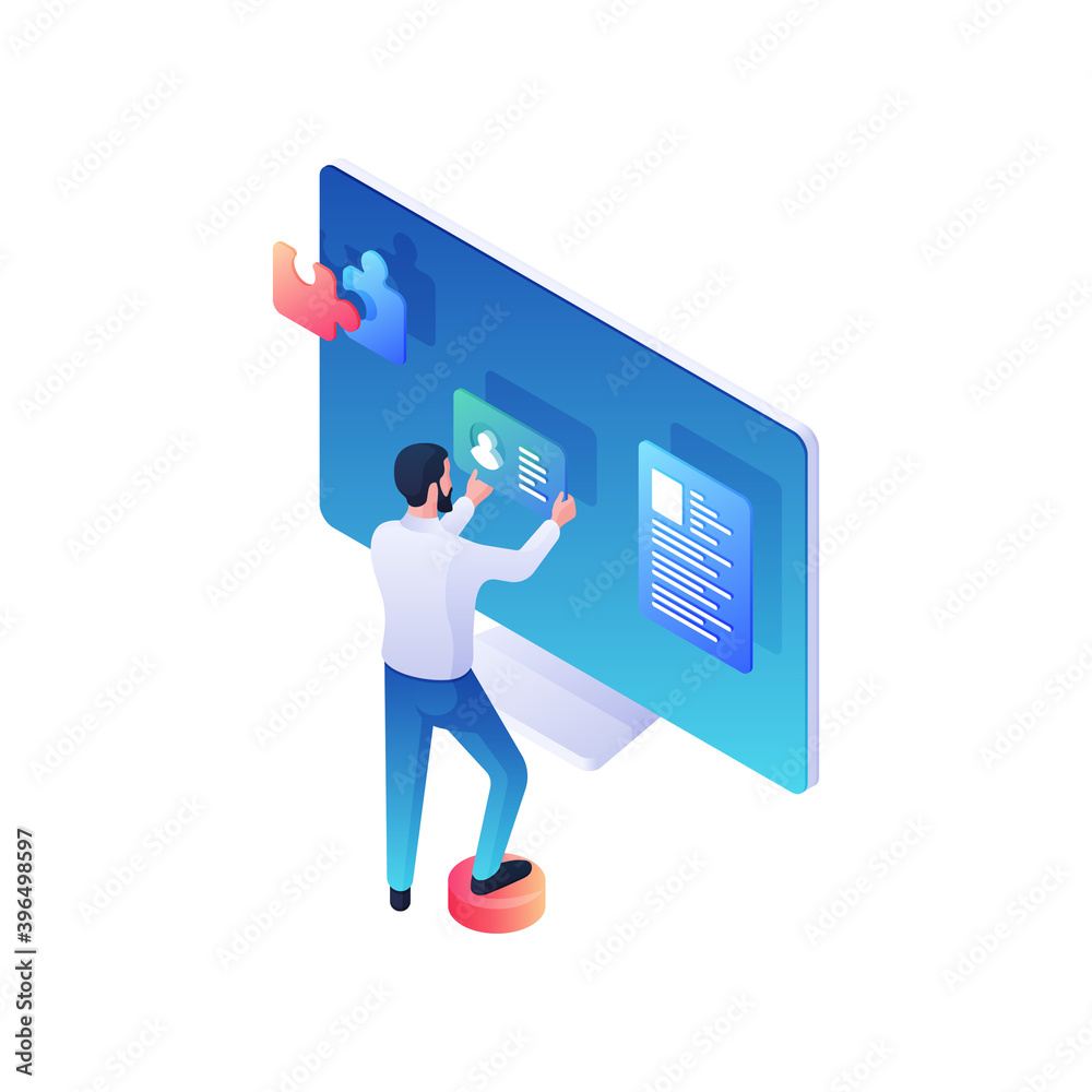 Poster programmer is developing online user account isometric illustration. male character makes web assemb