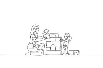 Obraz premium Single continuous line drawing of young mother playing with daughter building house from foam puzzle blocks toy at home, parenthood. Family parenting concept. One line draw design vector illustration