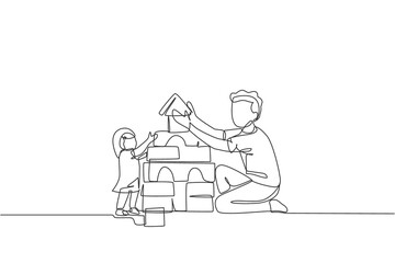 One continuous line drawing of young happy father playing build a brick house with lovely daughter at home. Family parenting concept. Dynamic single line draw design graphic vector illustration