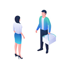 Delivery courier fast orders isometric illustration. Male character stands with white box handles and has conversation about payment.