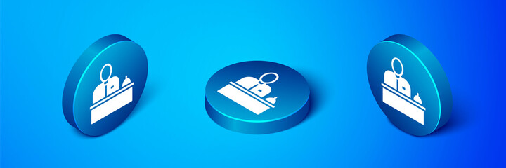 Isometric Receptionist standing at hotel reception desk icon isolated on blue background. Blue circle button. Vector.