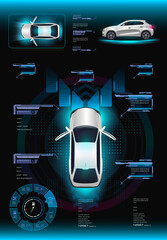 Car user interface with HUD, GUI, UI elements. Futuristic car concept with parameters on the digital HUD interface panel. Car control system tuning. Sity smart car. Vector