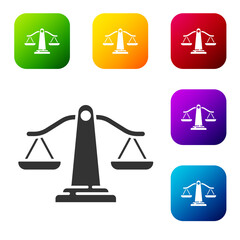 Black Scales of justice icon isolated on white background. Court of law symbol. Balance scale sign. Set icons in color square buttons. Vector.