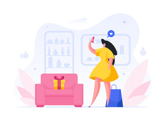 Woman takes selfie in fashion store cartoon illustration. Stylish female character in yellow dress posts her photo.
