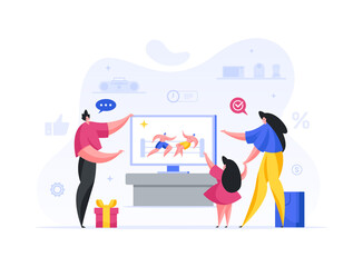 Family chooses smart tv in supermarket cartoon illustration. Man makes gift wife and daughter and buys ultra modern gadget.