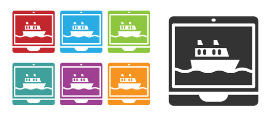 Black Cruise ship icon isolated on white background. Travel tourism nautical transport. Voyage passenger ship, cruise liner. Worldwide cruise. Set icons colorful. Vector.