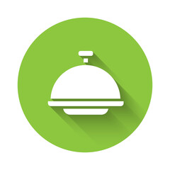 White Covered with a tray of food icon isolated with long shadow. Tray and lid sign. Restaurant cloche with lid. Green circle button. Vector.