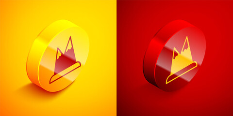 Isometric Mountains icon isolated on orange and red background. Symbol of victory or success concept. Circle button. Vector.