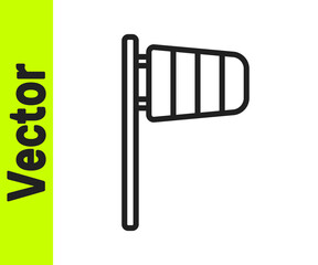 Black line Cone meteorology windsock wind vane icon isolated on white background. Windsock indicate the direction and strength of the wind. Vector.