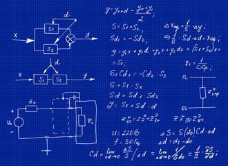 Physics, electronic engineering, mathematics equation, scheme and calculations, endless hand writing. Vector blueprint. Technology background.