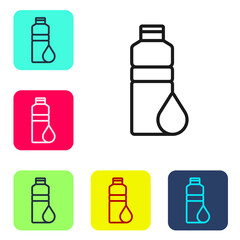 Black line Fitness shaker icon isolated on white background. Sports shaker bottle with lid for water and protein cocktails. Set icons in color square buttons. Vector.