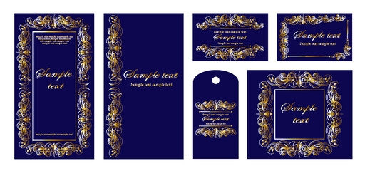 Fototapeta na wymiar Golden ornament elements on a dark-blue colour background for the design of greeting and invitation cards.