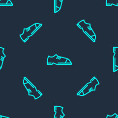 Green line Men shoes icon isolated seamless pattern on blue background. Vector.