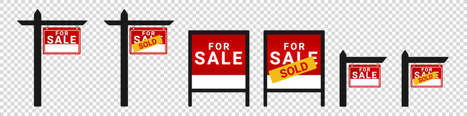 For Sale, Sold Wooden Posts - Different Vector Illustrations - Isolated On Transparent Background