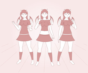 Beautiful devil girls, succubus or female demons. Vector illustration in flat style