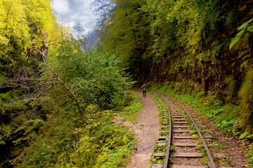 Fototapeta na wymiar Rear view of tourist in camouflage enjoying amazing beauty of nature. Excursion on old narrow railroad in mountain region