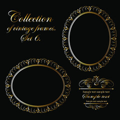 Golden ornament elements on a black background for the design of greeting and invitation cards. A collection of beautiful vintage frames. Vector design of classic vintage frames.